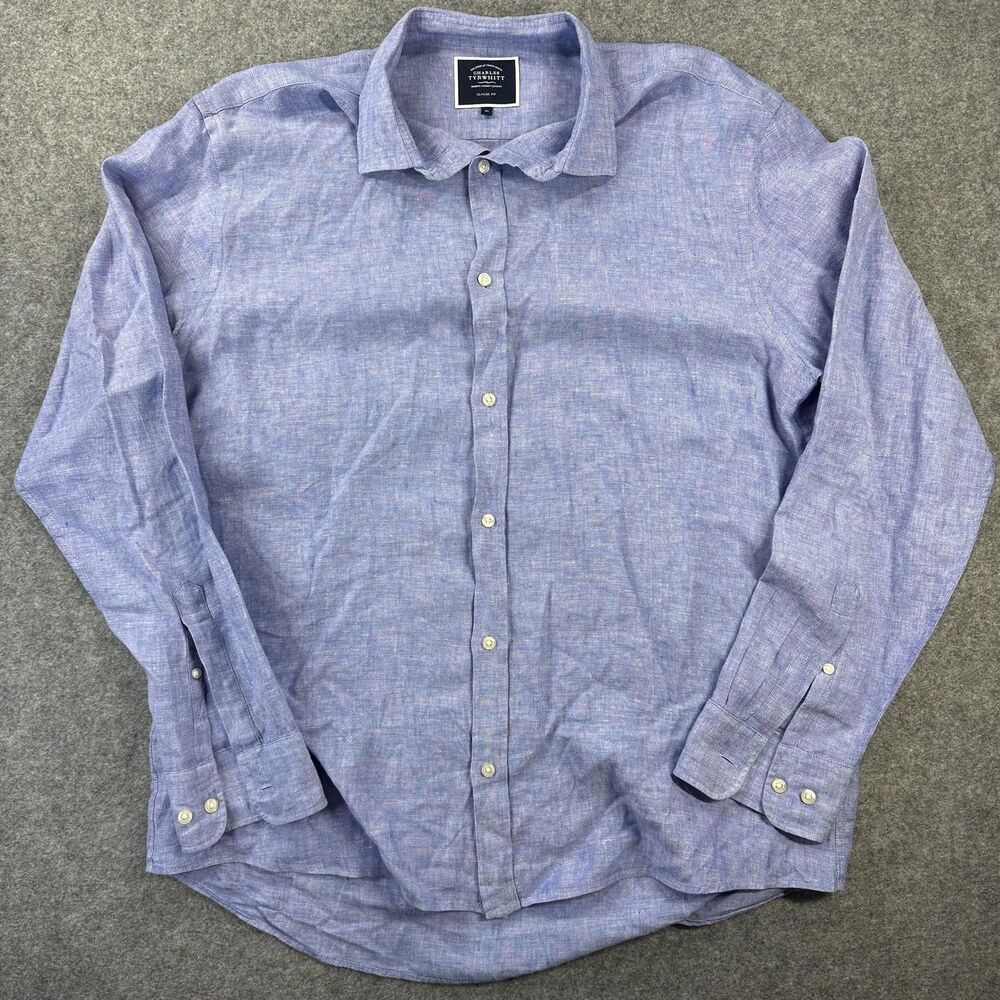 Charles Tyrwhitt Shirt Mens XL Blue Solid Long Sleeve Linen Button Up Classic